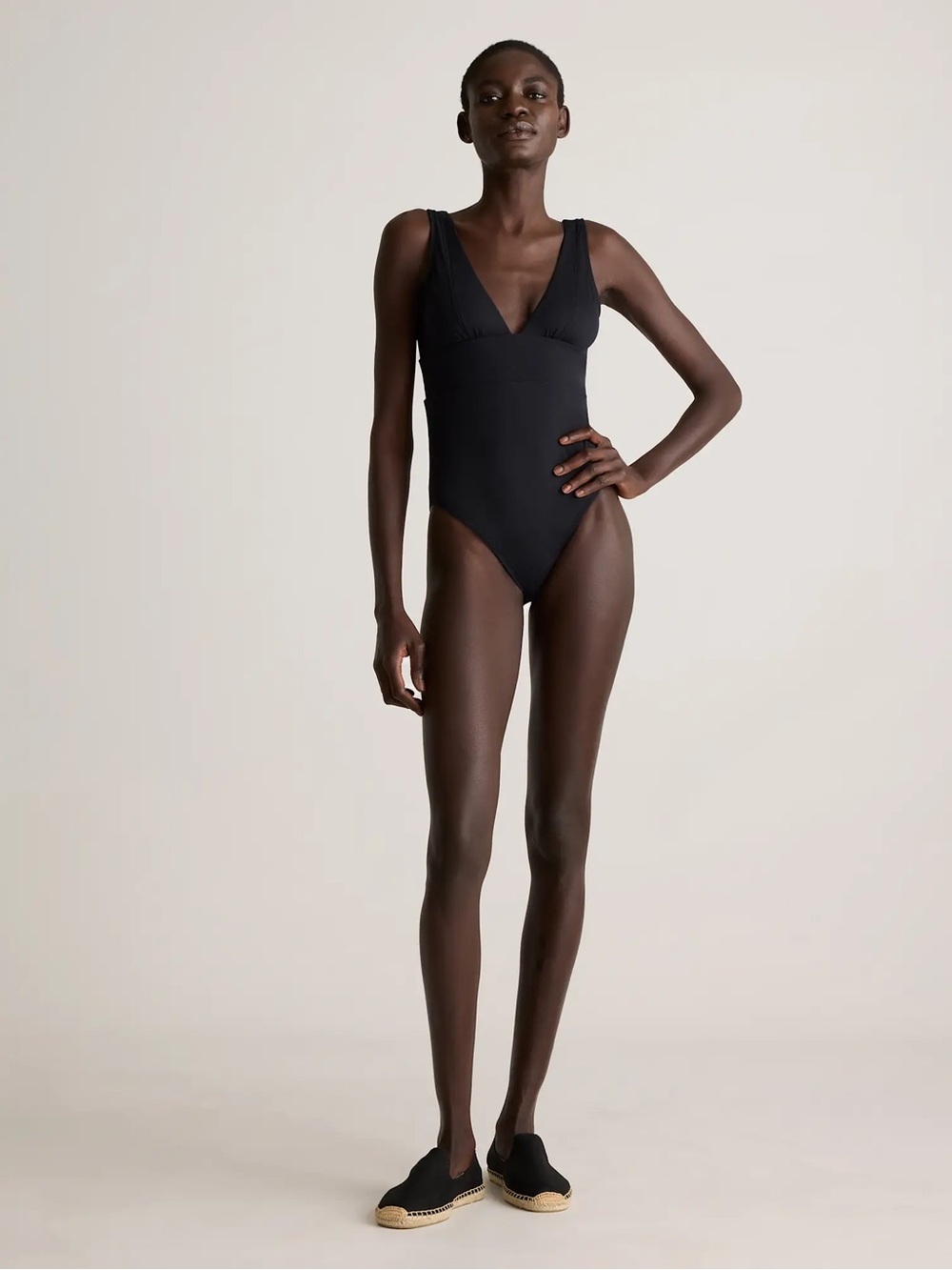 NWT QUINCE Italian Plunge Ribbed One-Piece Swimsuit Small Black 2199